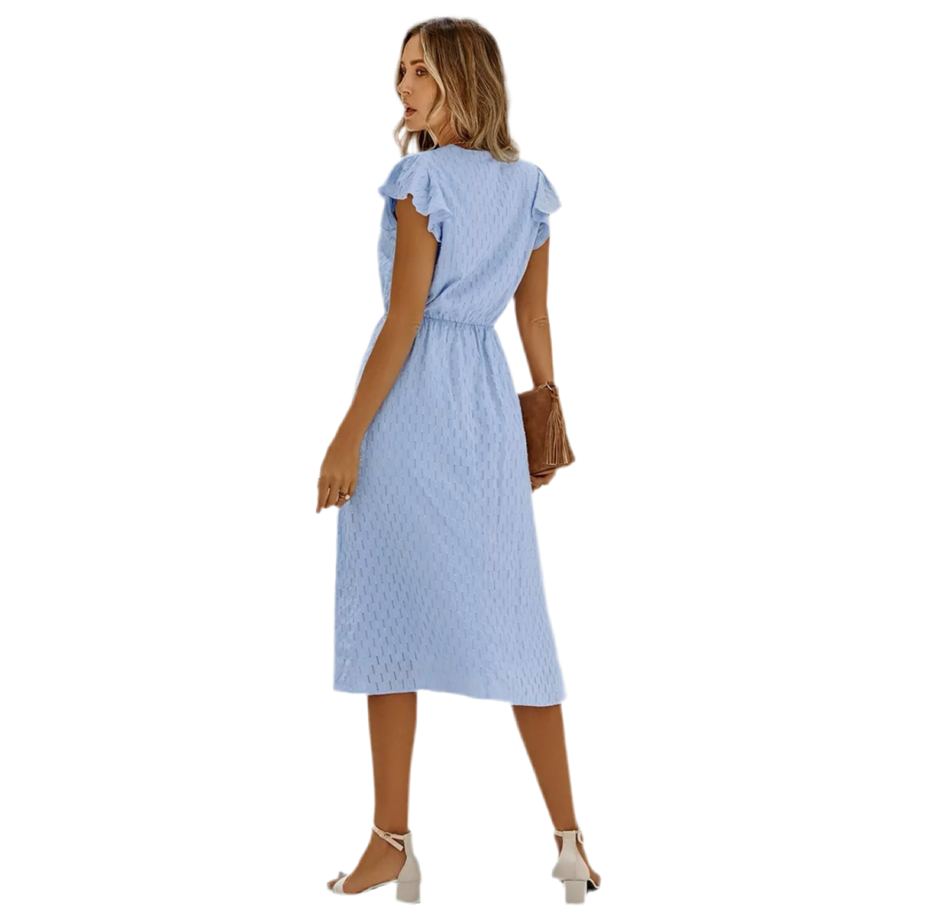 Solid Flutter Sleeve Sky Blue V-Neck Buttoned Dress