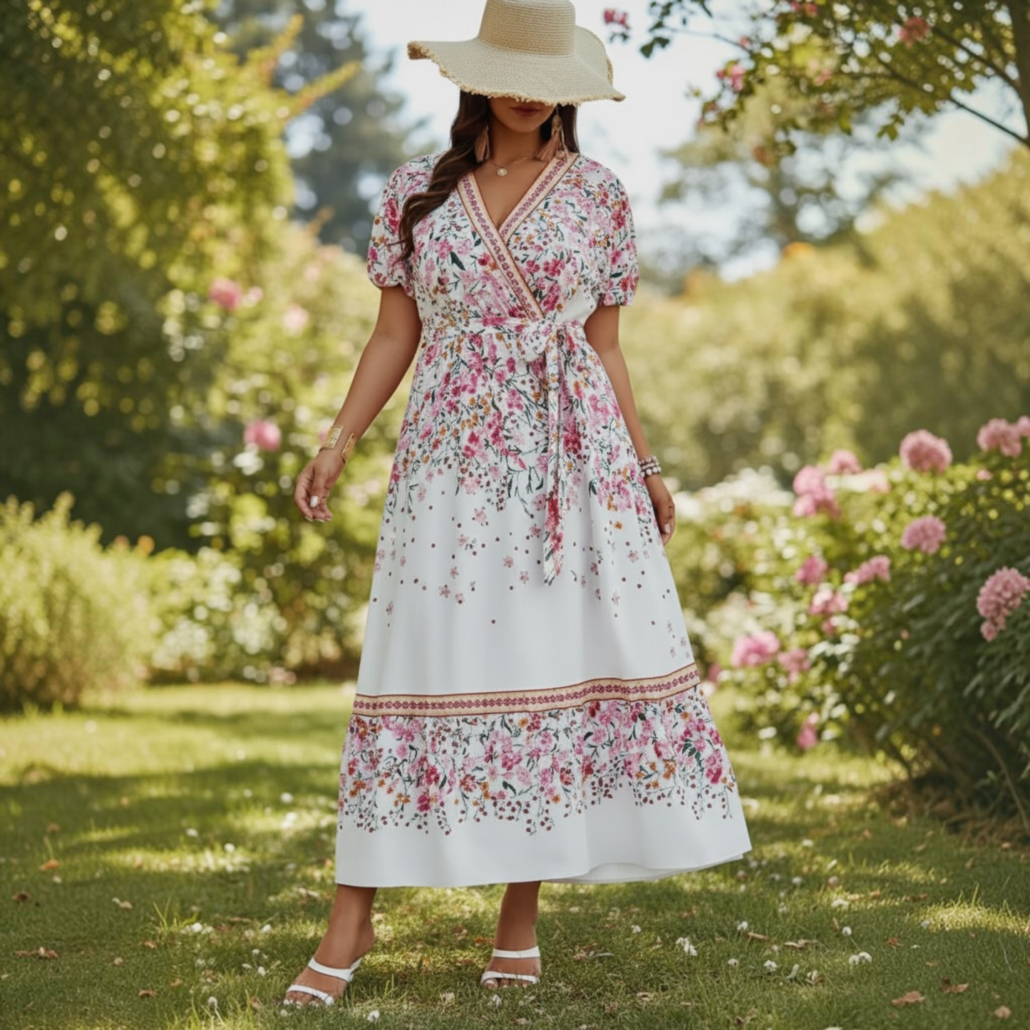 Plus Floral Print Wrap Ruffle Belt Knot Dress