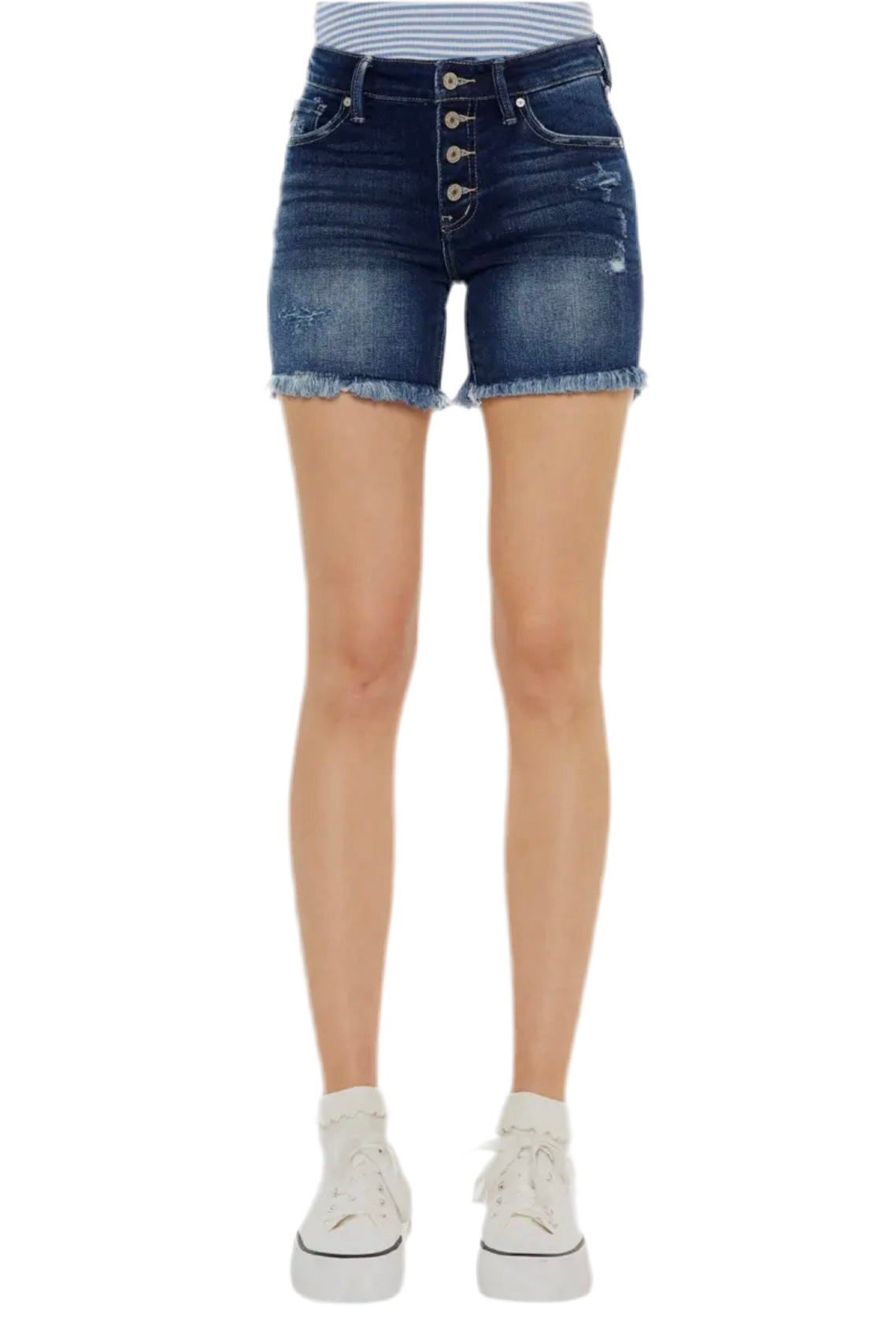 Mid Rise Button Up Dark Stone Washed Denim Shorts by Kan Can