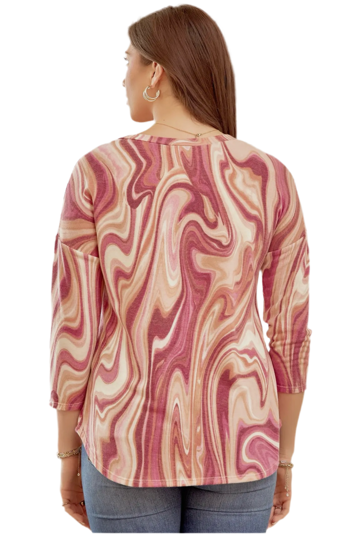 3/4 Sleeve Fun Pattern Knit Top in Mocha Pink by Dear Scarlett