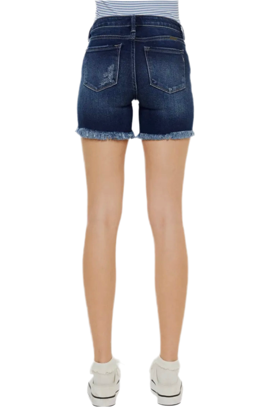 Mid Rise Button Up Dark Stone Washed Denim Shorts by Kan Can