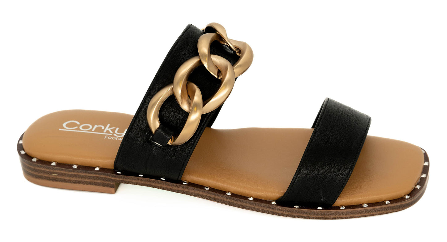 Catch Flights Not Feelings Sandal in Black by Corkys
