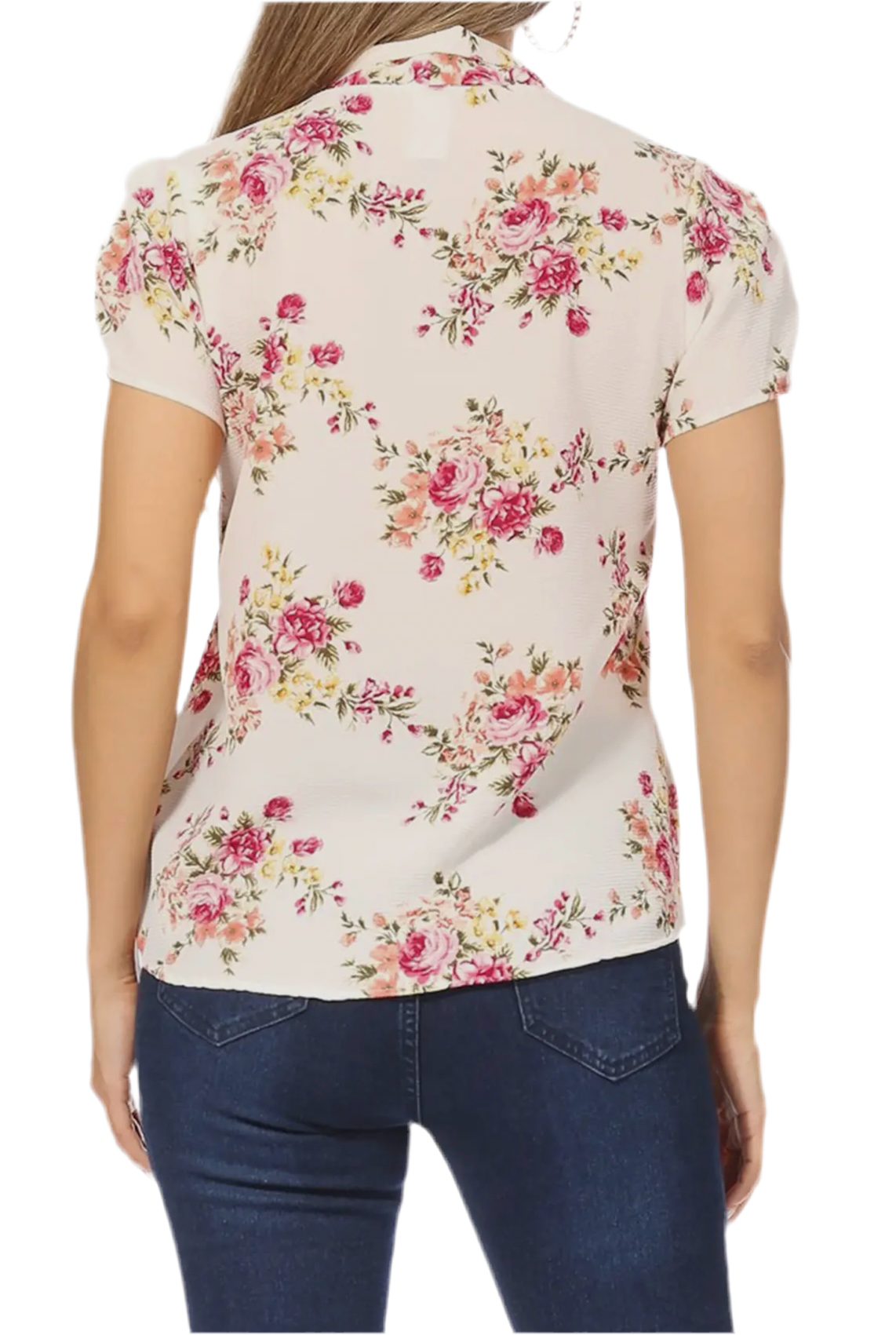 Women’s Casual Floral Bow Tie Neck Short Sleeve Blouse