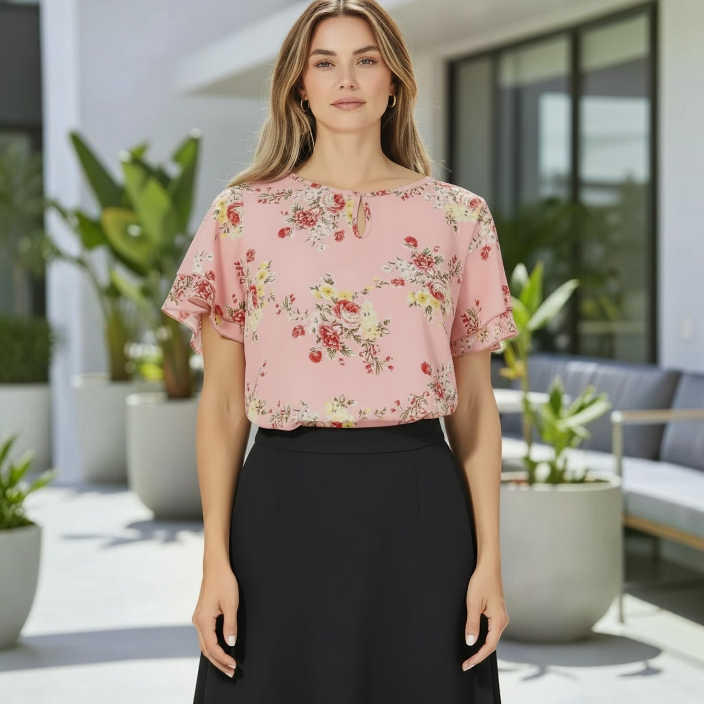 Women's Casual Floral Print Short Sleeve Blouse Top (Floral Pink)