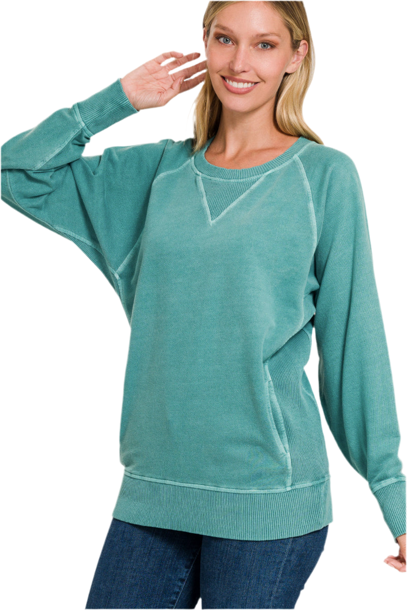 French Terry Pullover Sweatshirt With Pockets In Teal