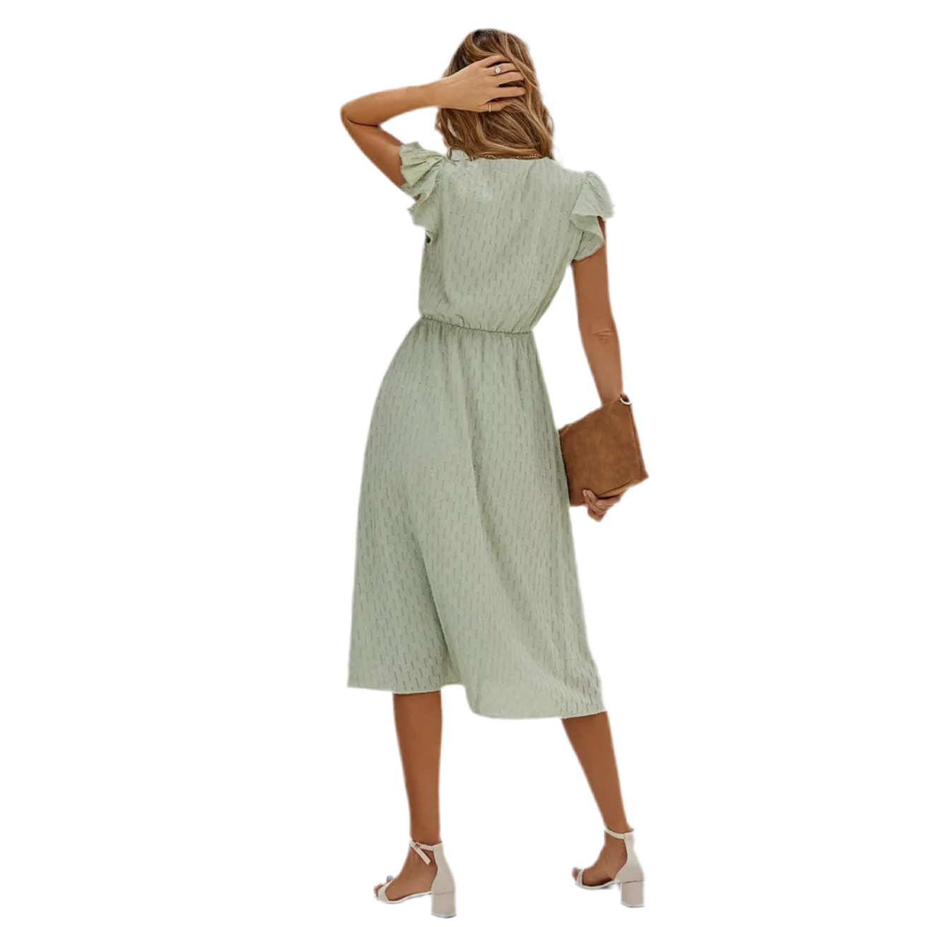 Solid Flutter Sleeve Light Green V-Neck Buttoned Dress