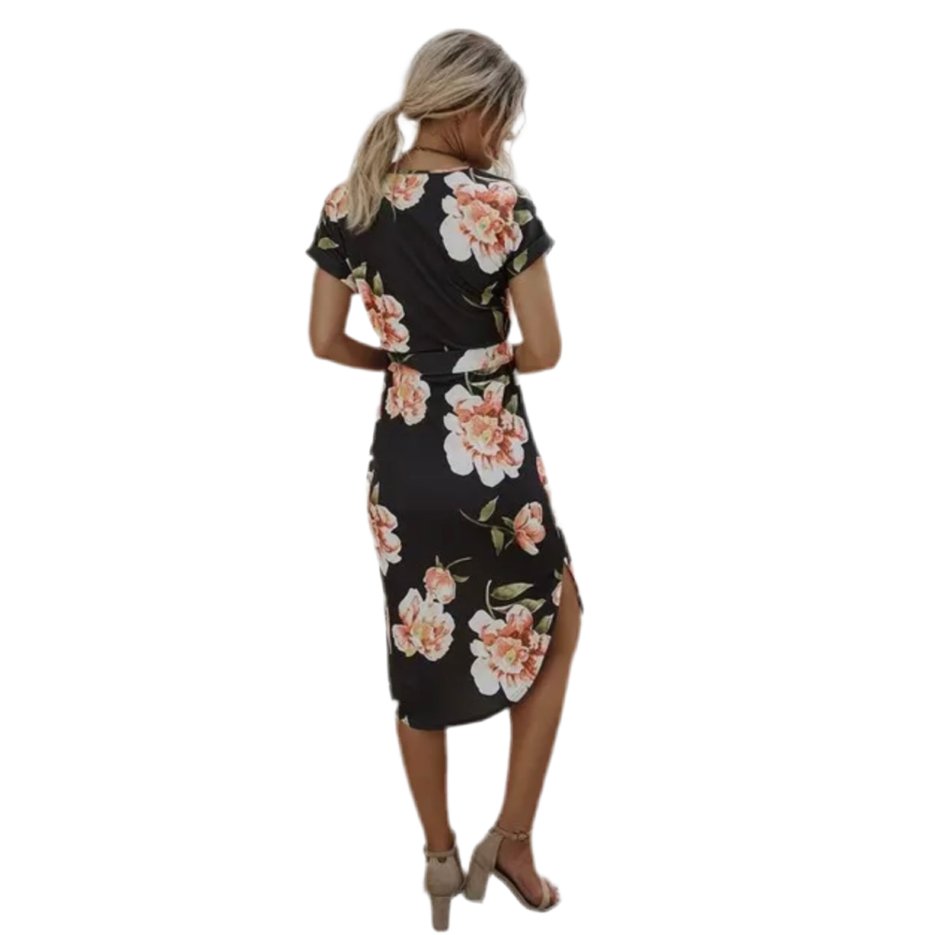 Notched Neck Floral Print Belted Fit Dress