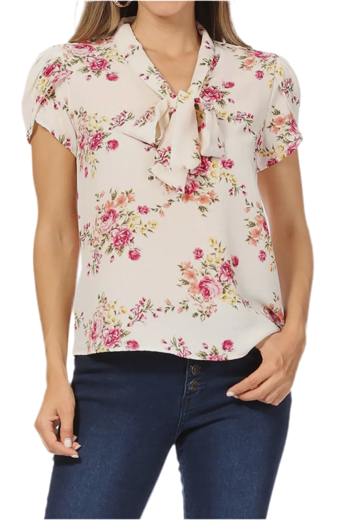 Women’s Casual Floral Bow Tie Neck Short Sleeve Blouse