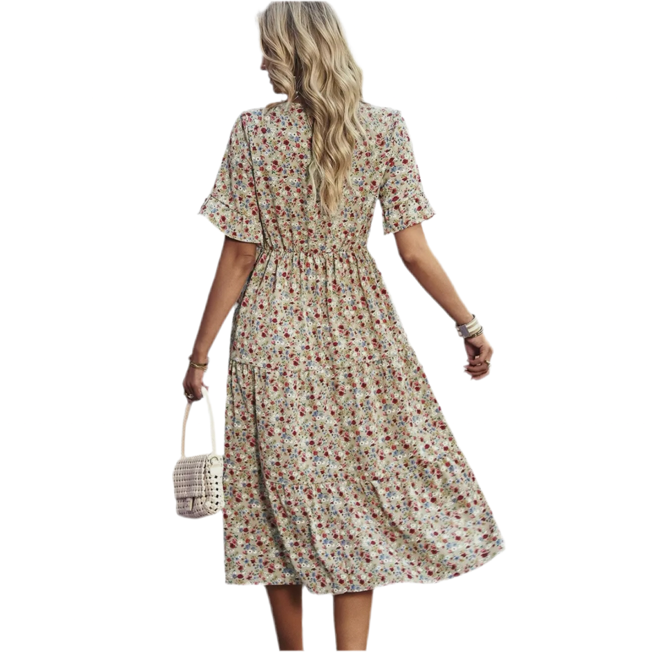 Beige Floral Ruffle Short Sleeve Dress