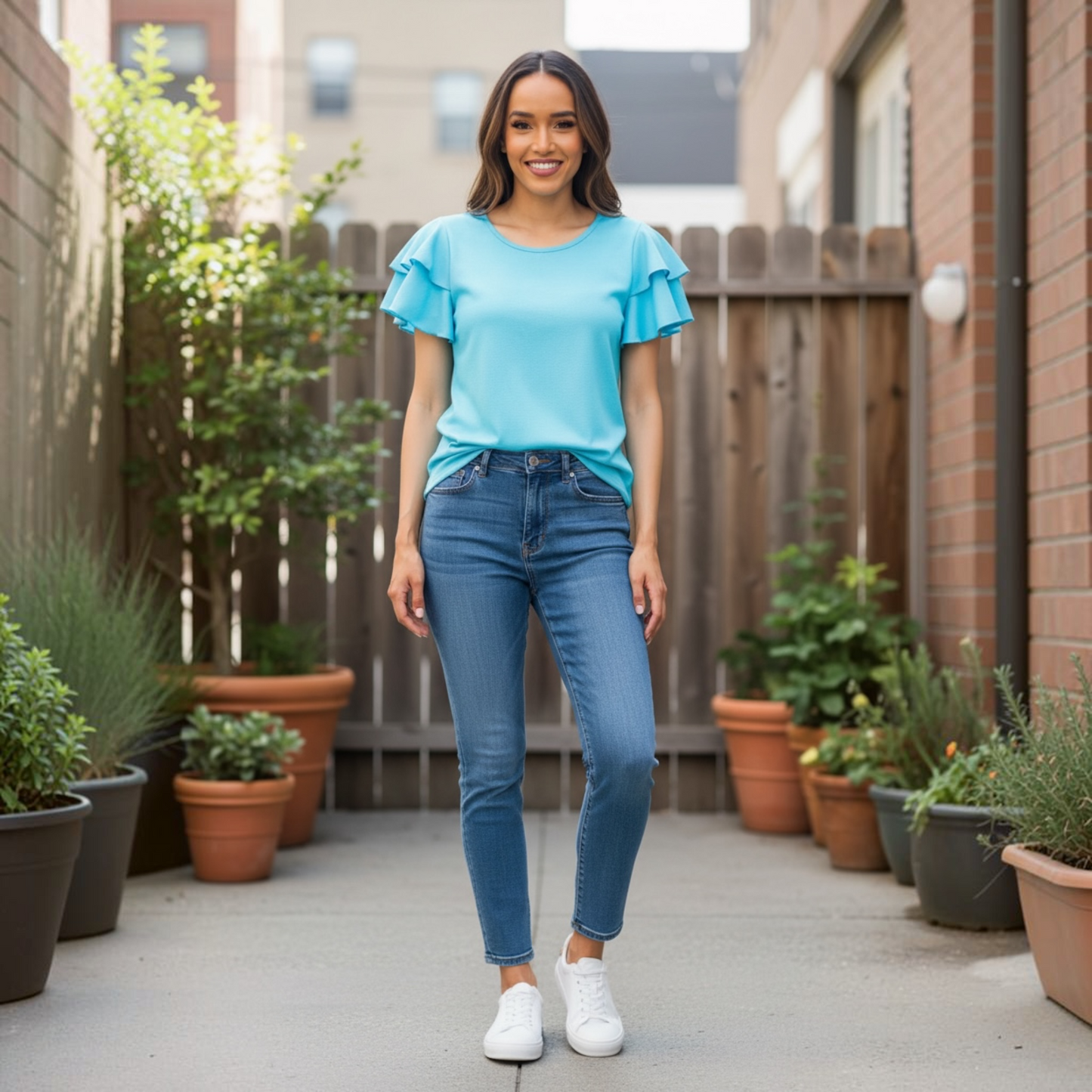 Double Ruffle Short Sleeve Top in Blue