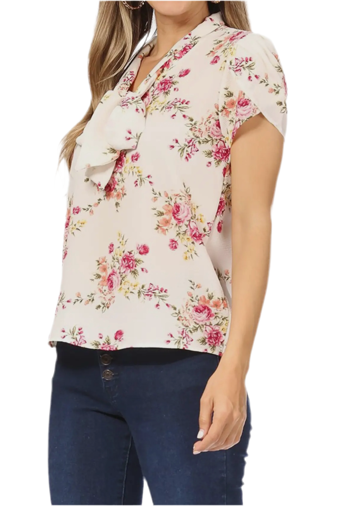 Women’s Casual Floral Bow Tie Neck Short Sleeve Blouse