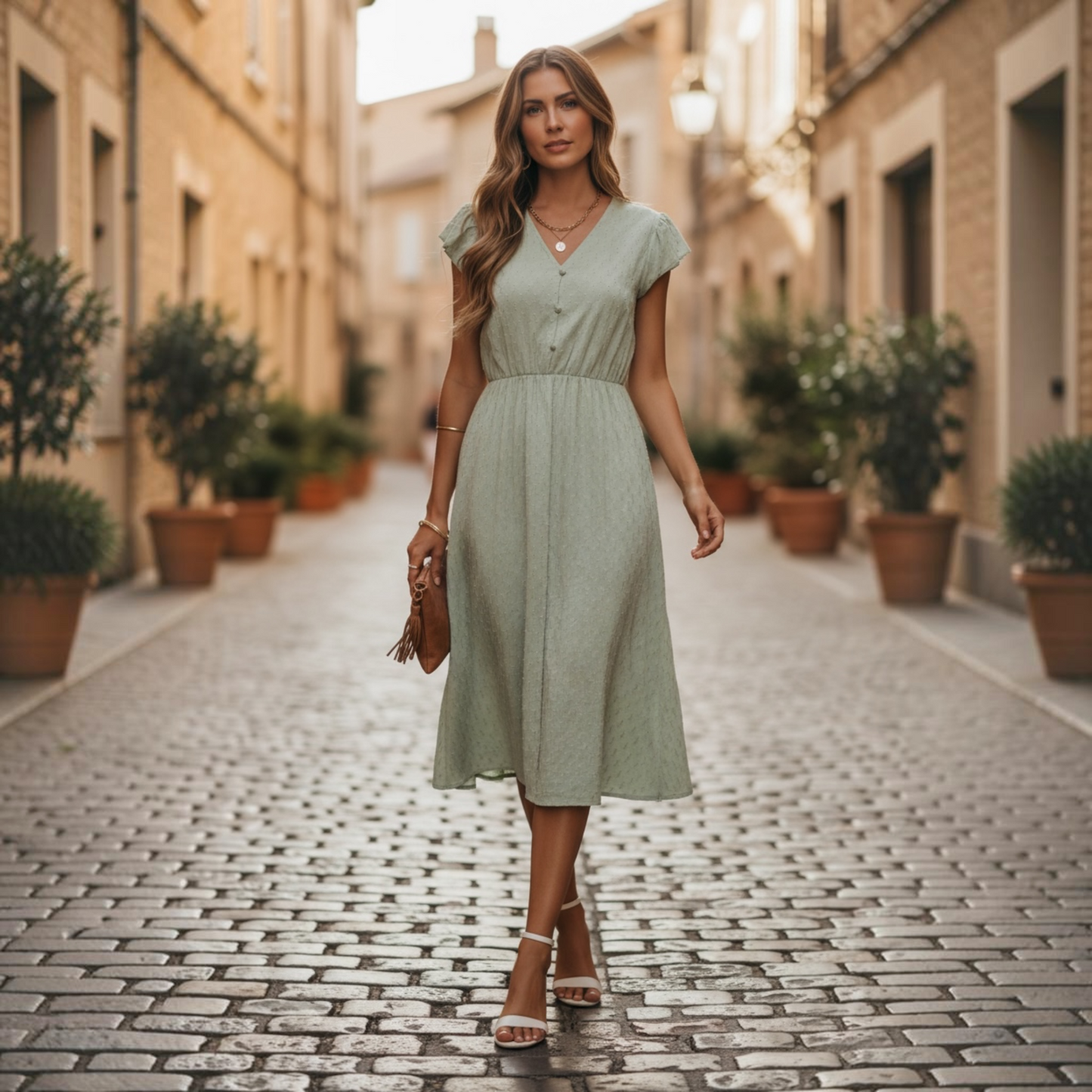 Solid Flutter Sleeve Light Green V-Neck Buttoned Dress