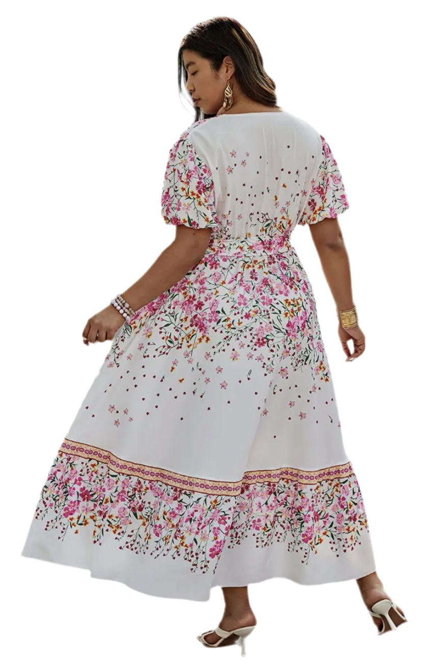 Plus Floral Print Wrap Ruffle Belt Knot Dress