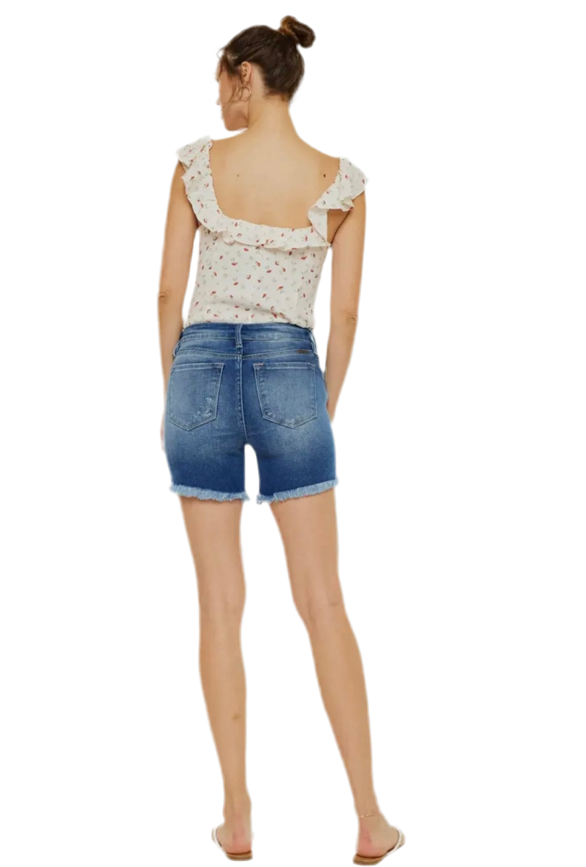 Mid Rise Button Up Medium Wash Denim Shorts by Kan Can
