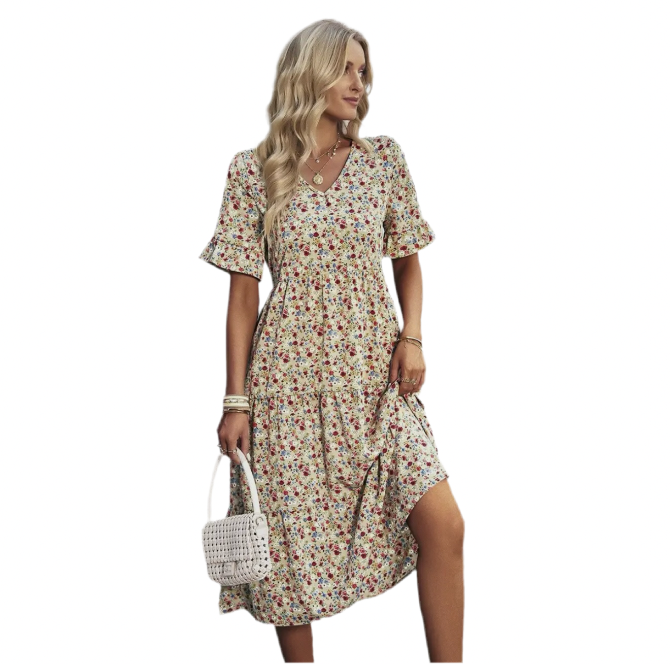 Beige Floral Ruffle Short Sleeve Dress Autumn Rain Designs Beige Floral Ruffle Short Sleeve Dress Autumn Rain Designs