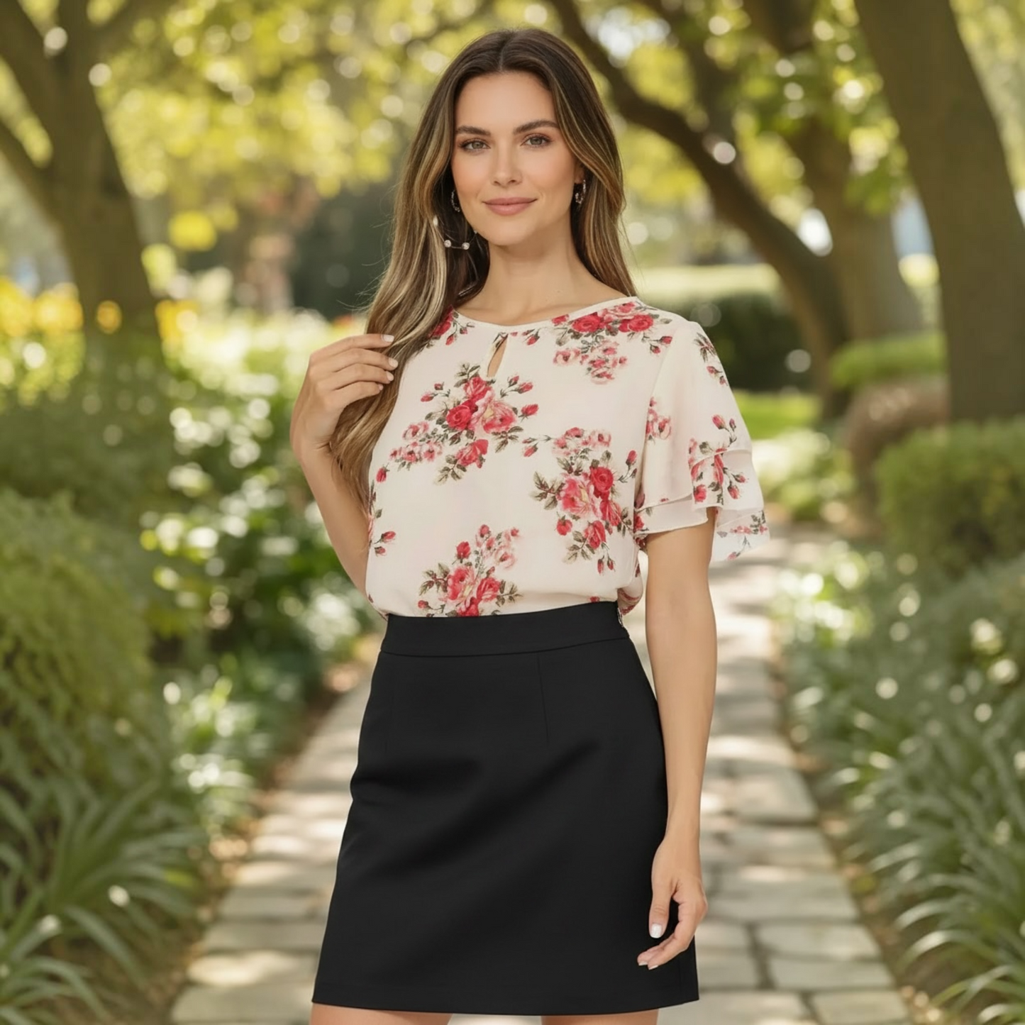 Women's Casual Floral Print Short Sleeve Blouse Top (Floral Ivory)