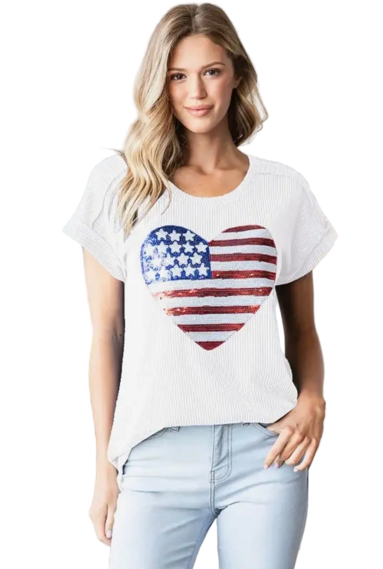 Ivory Solid Urban Ribb Top with American Flag Sequins Patch