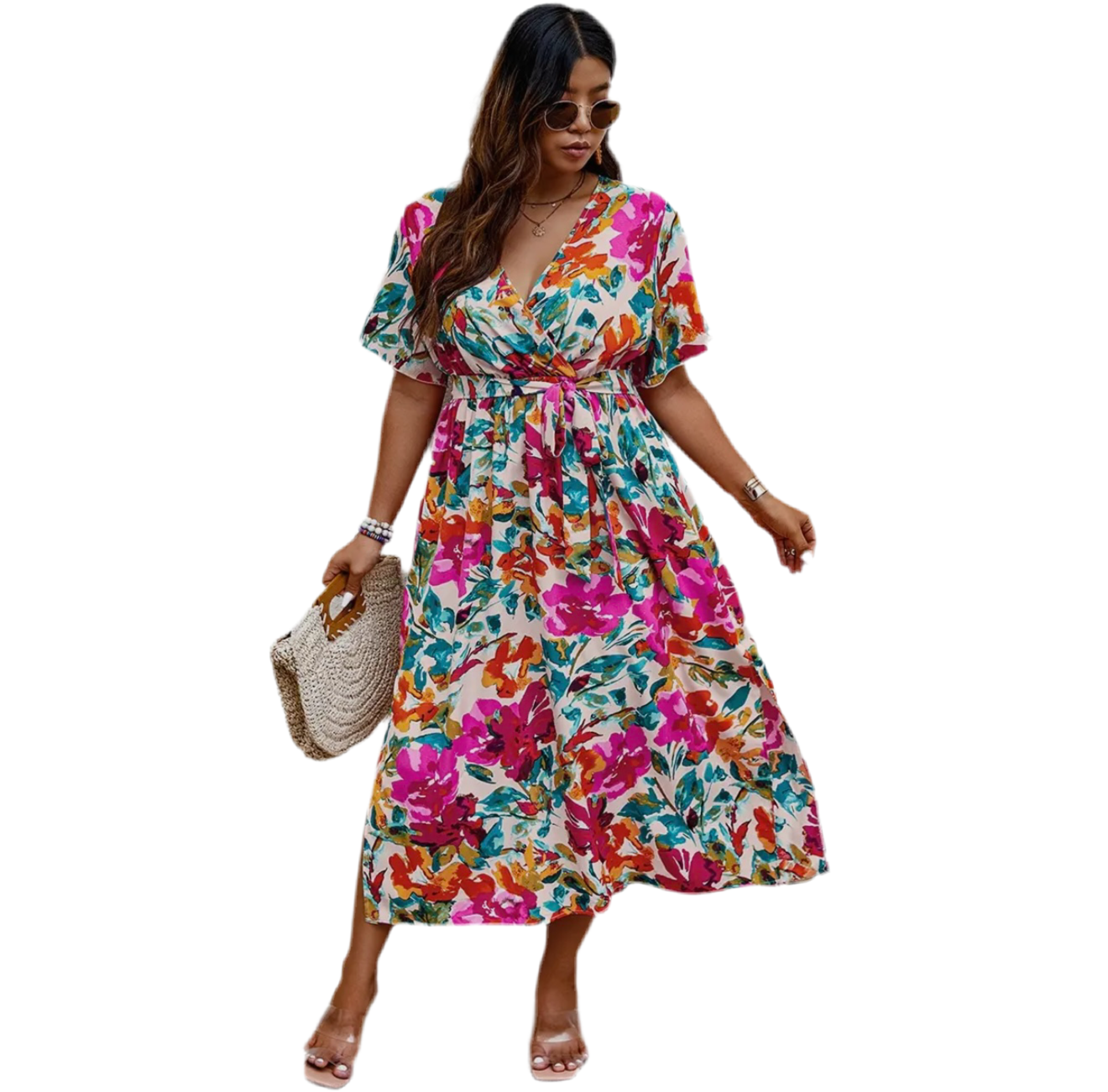 Floral Print Cross Belt Fit Dress