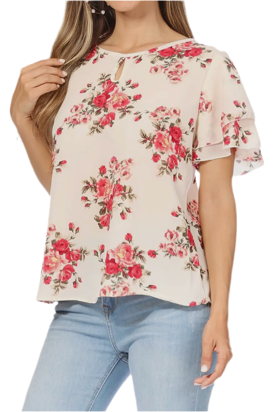 Women's Casual Floral Print Short Sleeve Blouse Top (Floral Ivory)