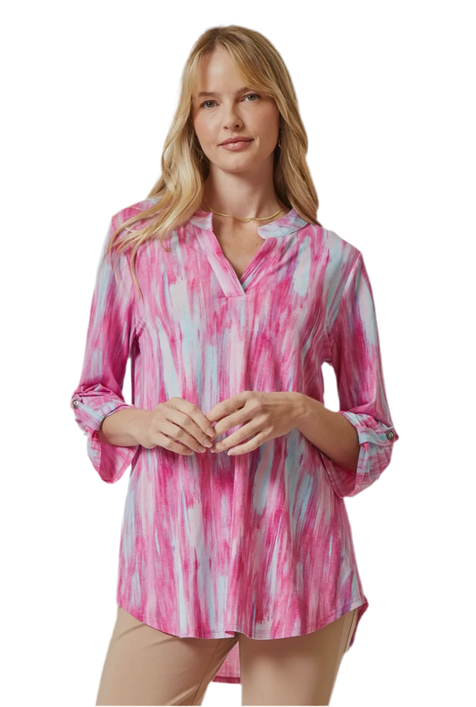 3/4 Sleeve Lizzy Medallion Wrinkle Free Blouse in Pink Multi by Dear Scarlett