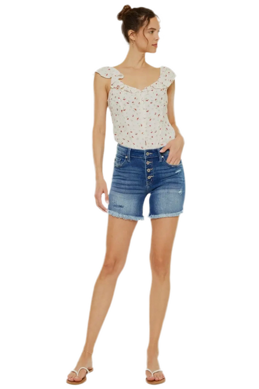 Mid Rise Button Up Medium Wash Denim Shorts by Kan Can