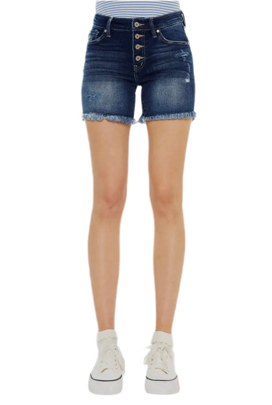 Mid Rise Button Up Dark Stone Washed Denim Shorts by Kan Can