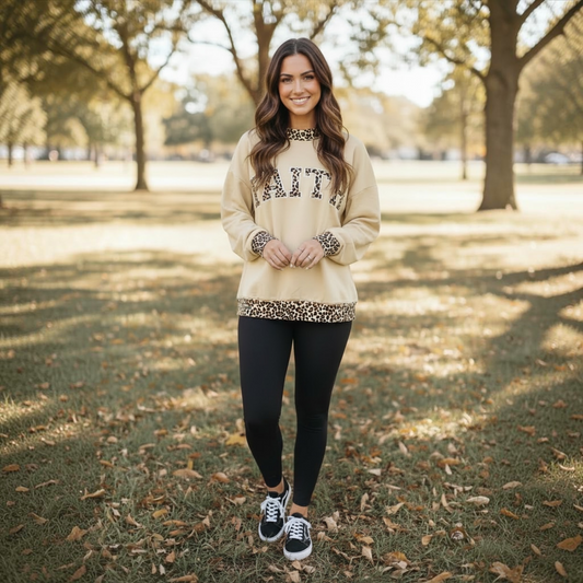 Faith Leopard Trim Graphic Mockneck Oversized Sweatshirt