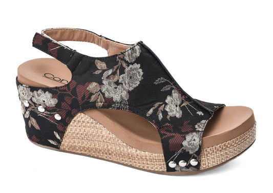 Carley Black Tan Floral Wedge by Corkys