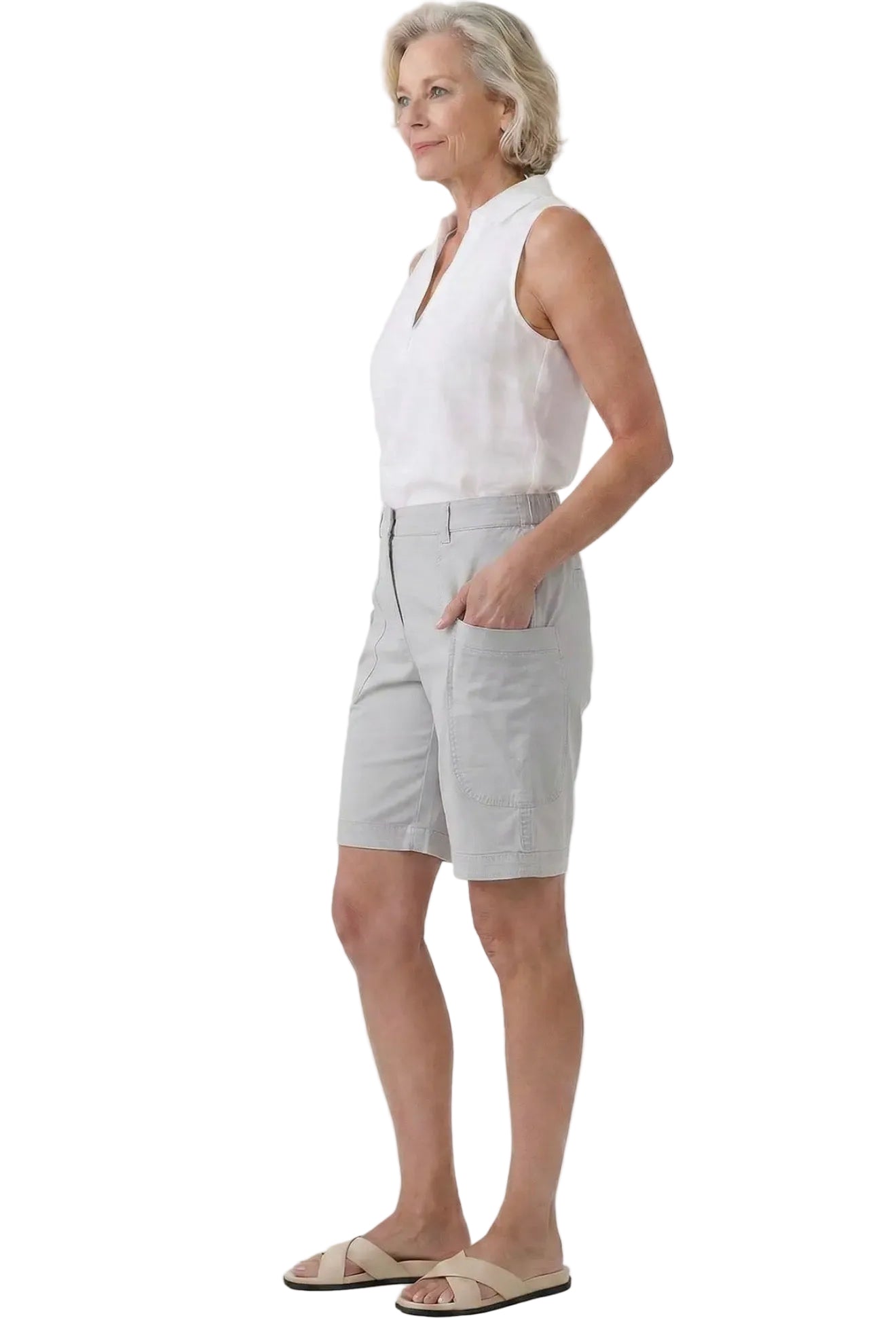 Wide Leg Bermuda Shorts with Big Pockets (Silver)