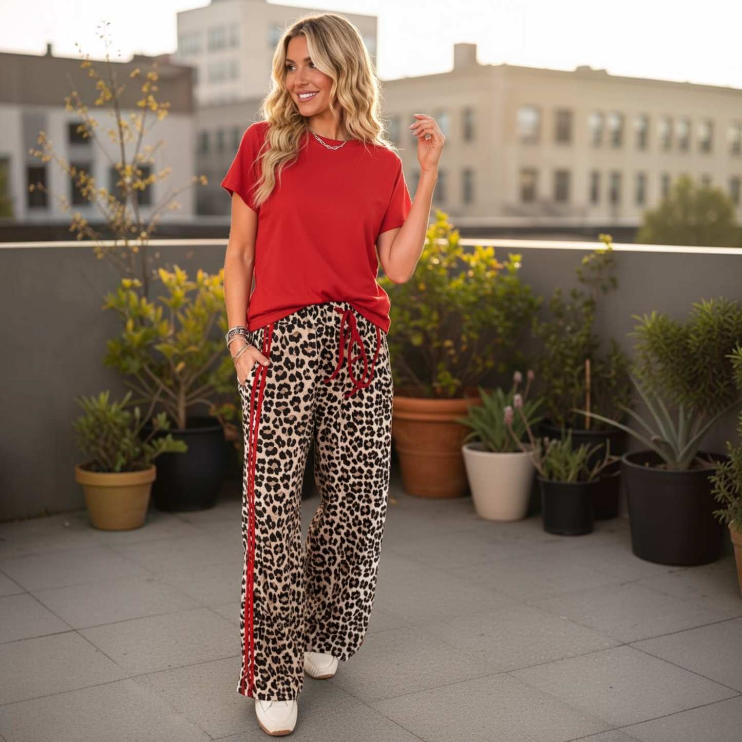 Red Side Stripe Leopard Pants