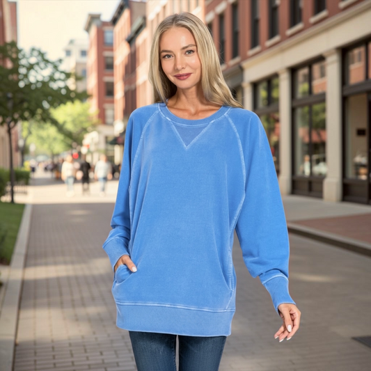 French Terry Pullover Sweatshirt With Pockets in Classic Blue by Zenana