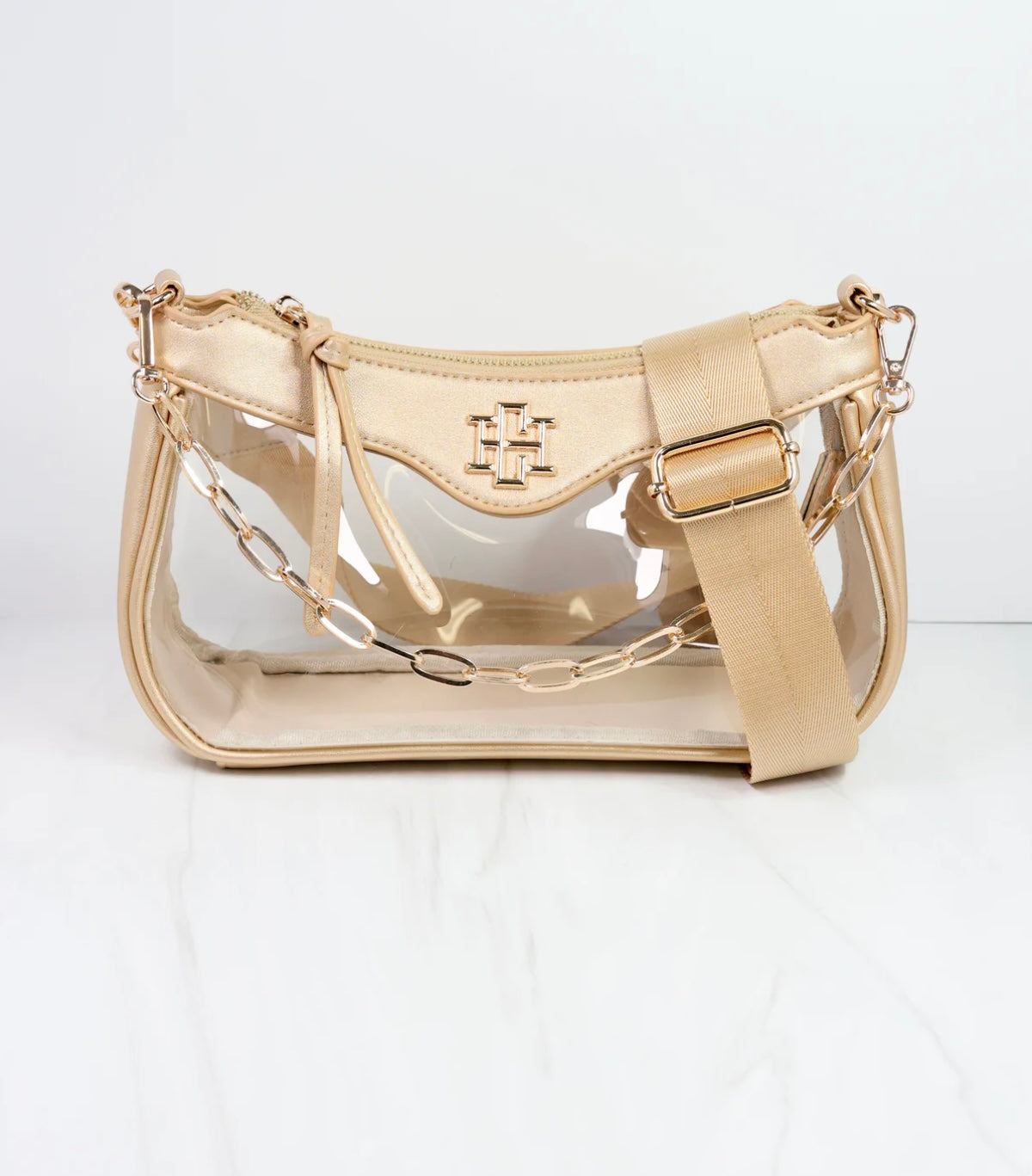 The Cassidy Clear Crossbody Handbag in Gold by Caroline Hill