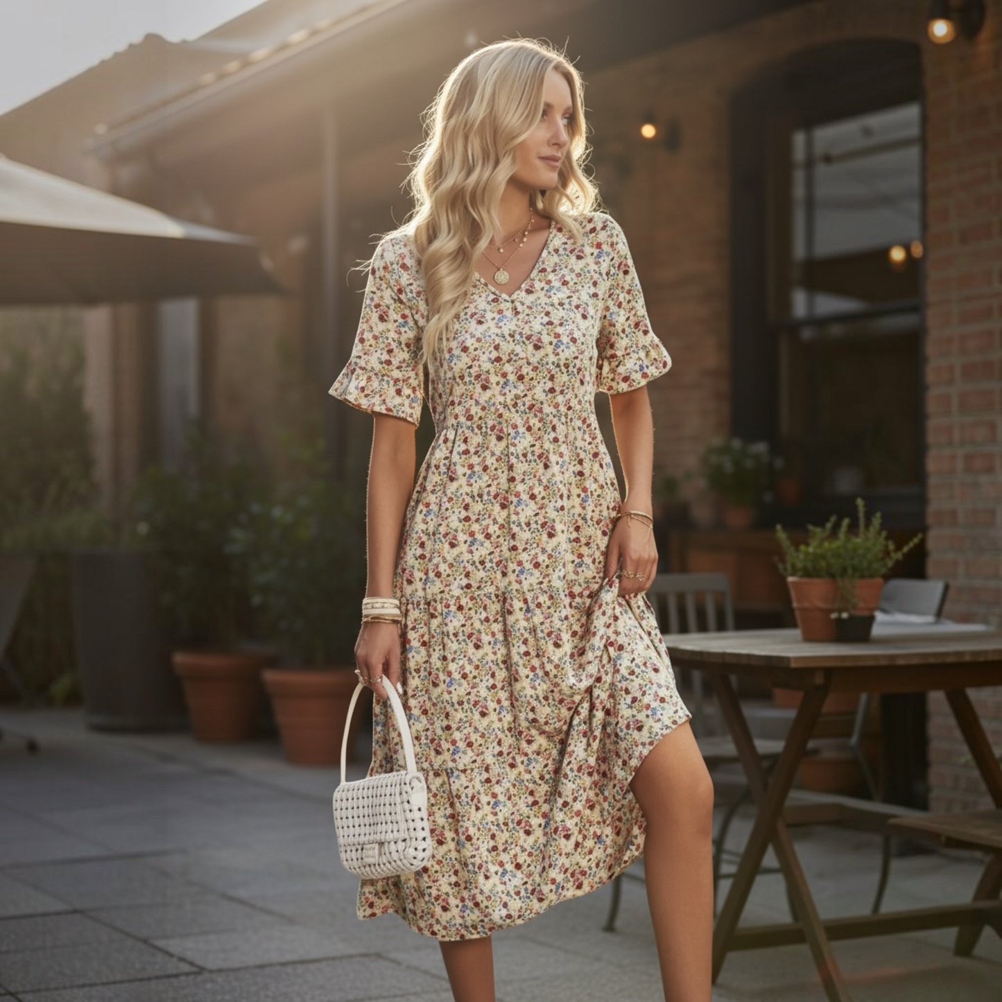 Beige Floral Ruffle Short Sleeve Dress