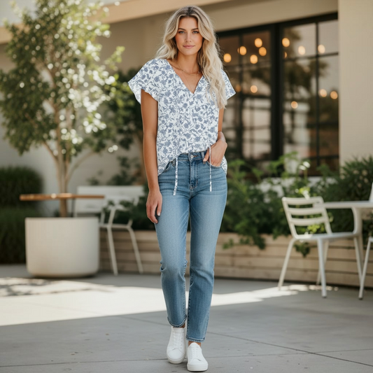 Blue Floral Fluttering Blouse