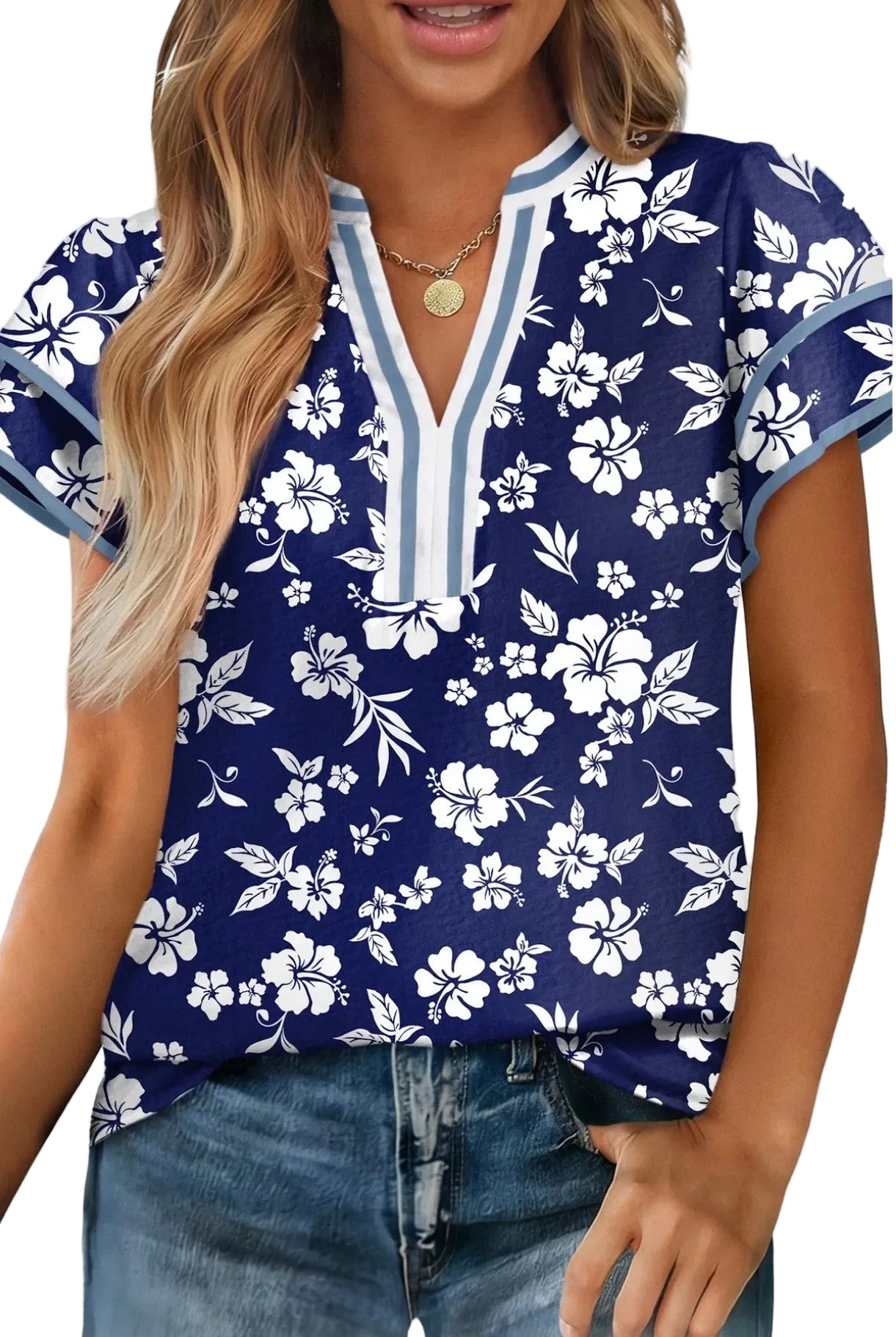 Blue Floral Contrast Trim Blouse
