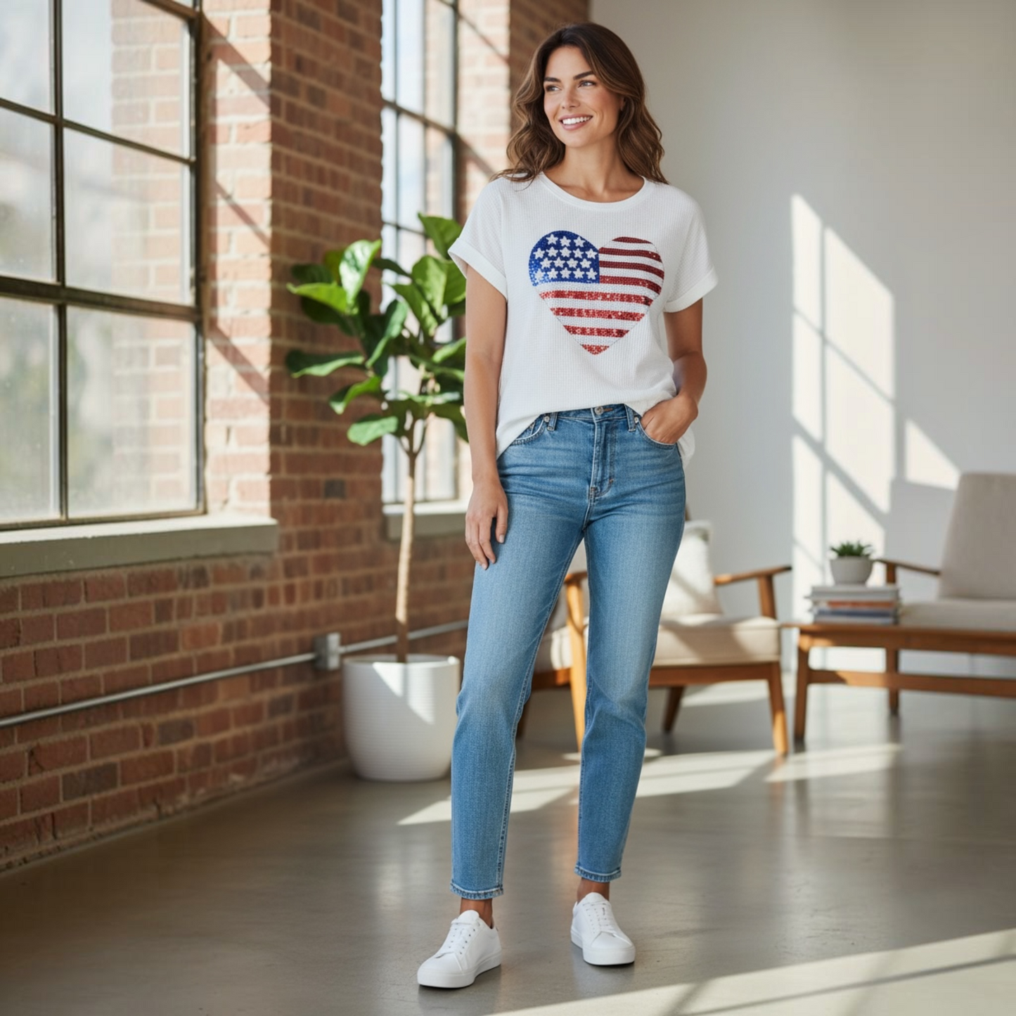 Ivory Solid Urban Ribb Top with American Flag Sequins Patch