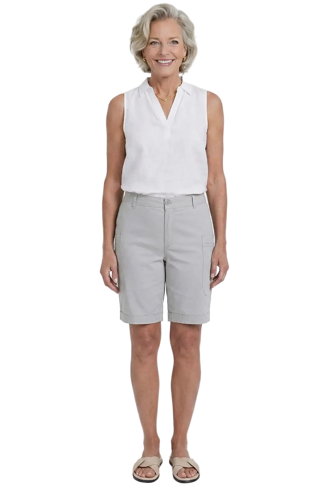 Wide Leg Bermuda Shorts with Big Pockets (Silver)