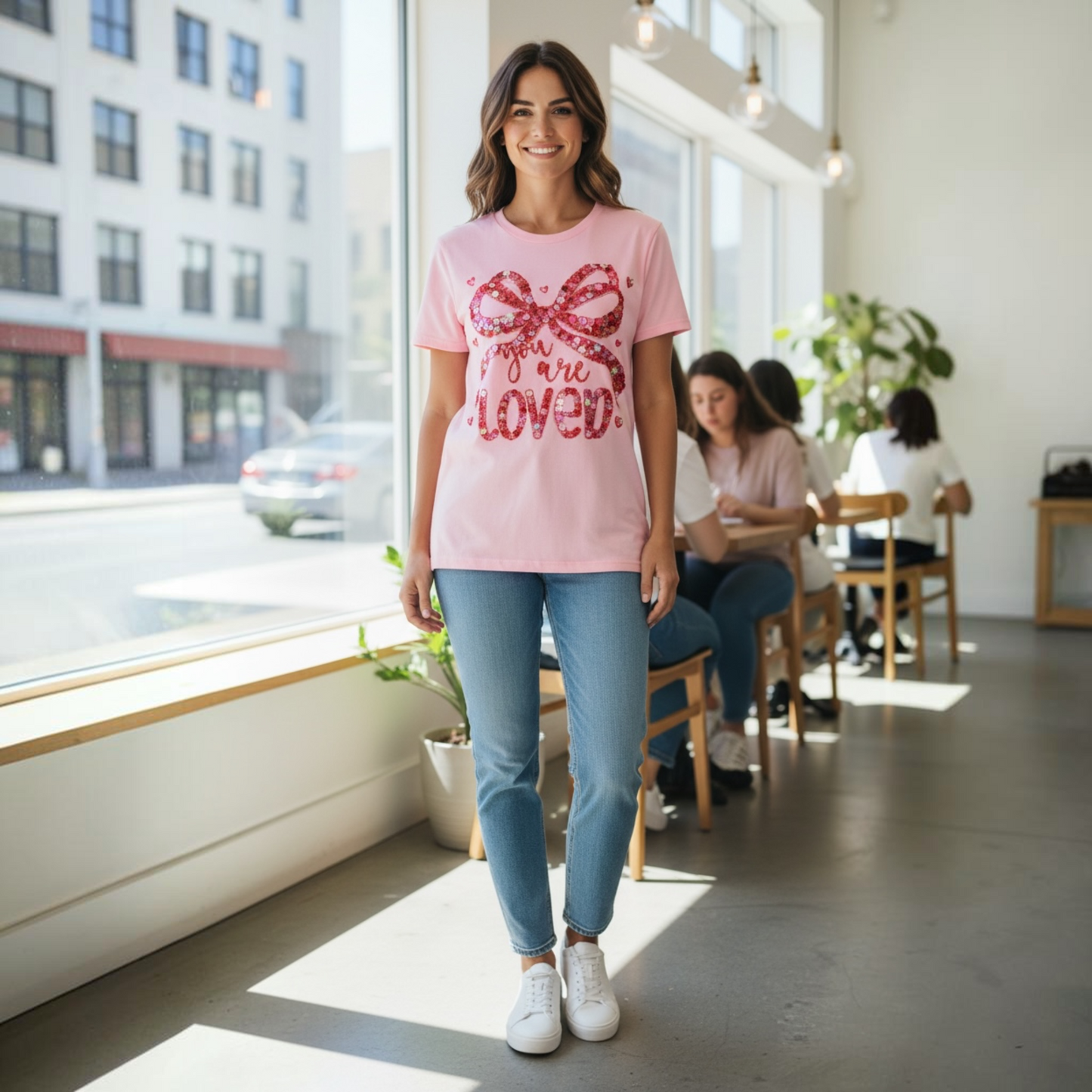 You Are Loved Faux Sequin T-Shirt (Blossom/Light Pink )