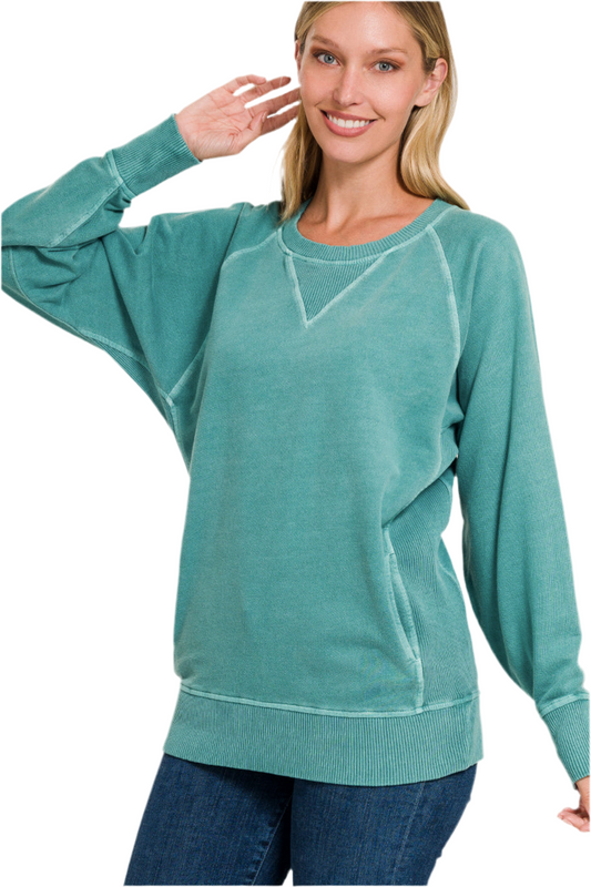French Terry Pullover Sweatshirt With Pockets In Teal