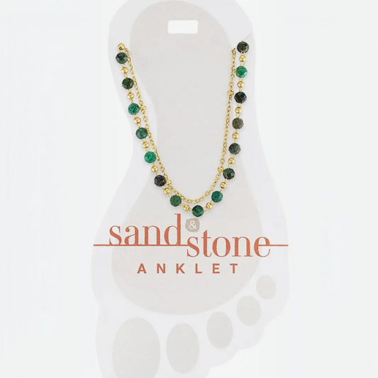 Sand & Stone Anklets: Gold Green Beaded Duo Strand