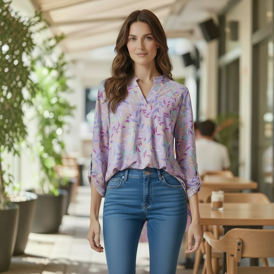 3/4 Sleeve Lizzy Medallion Wrinkle Free Blouse in Lavender by Dear Scarlett