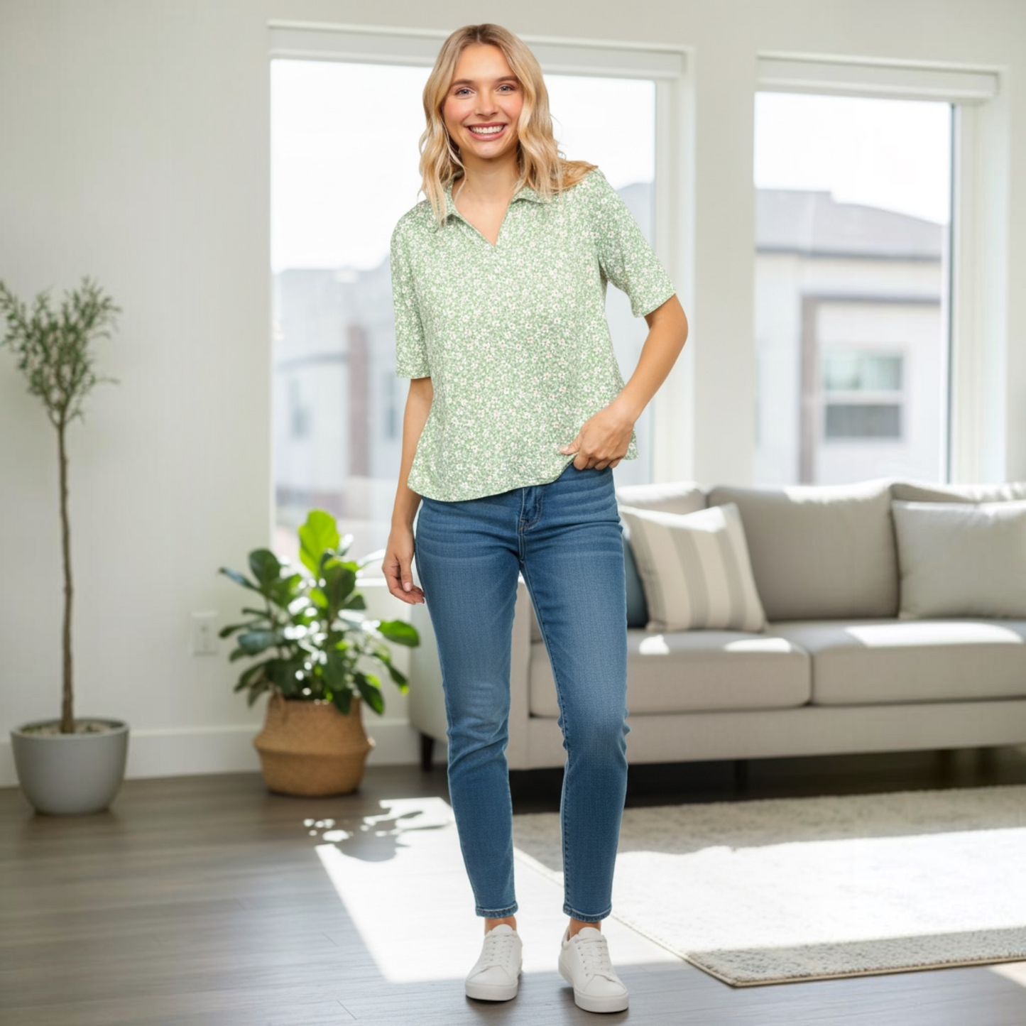 Short Sleeve Floral Knit Top in Sage