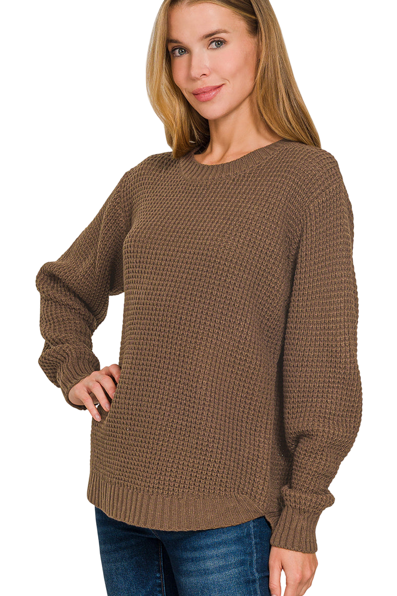 Hi-Low Round Neck Waffle Sweater in Brown