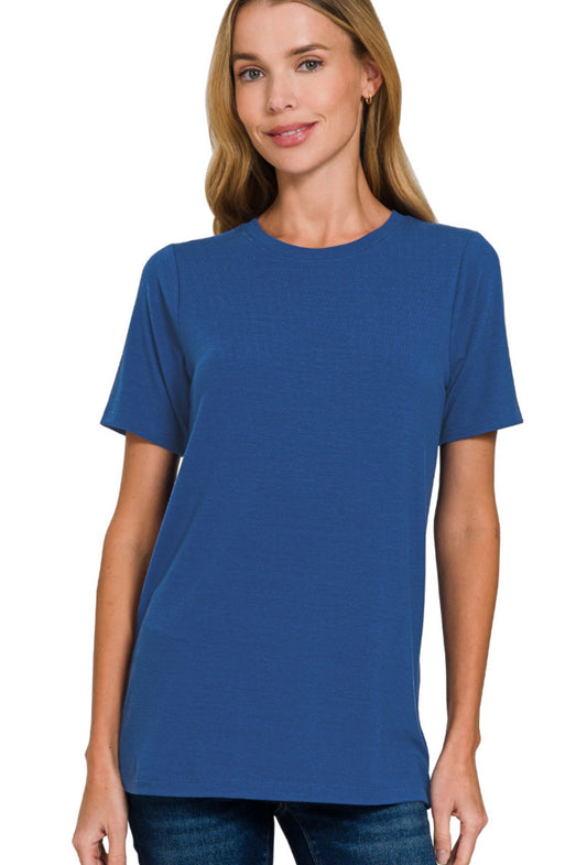 Short Sleeve Round Neck T-Shirt (Navy) by Zenana