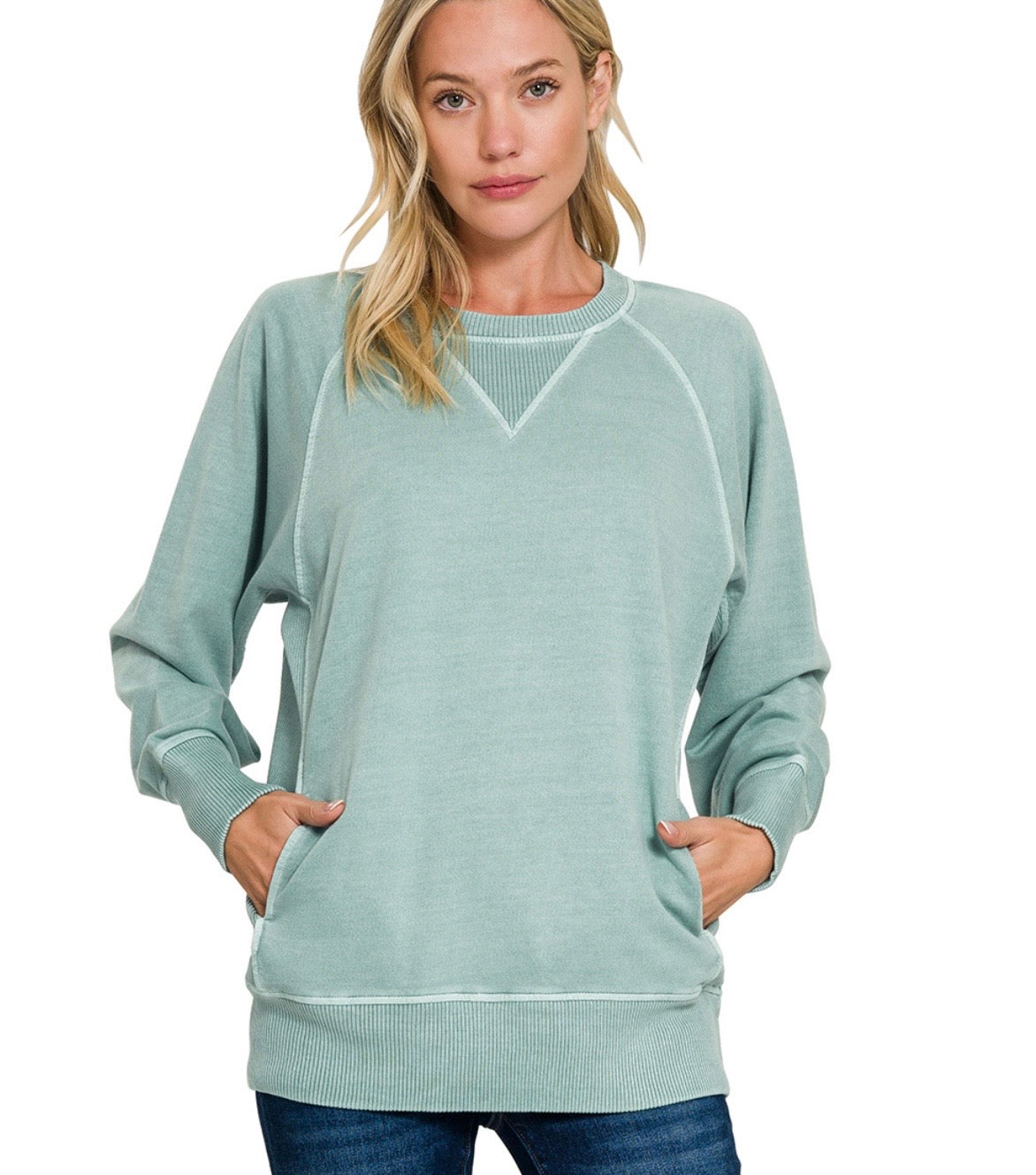 French Terry Pullover Sweatshirt With Pockets in Ash Blue by Zenana