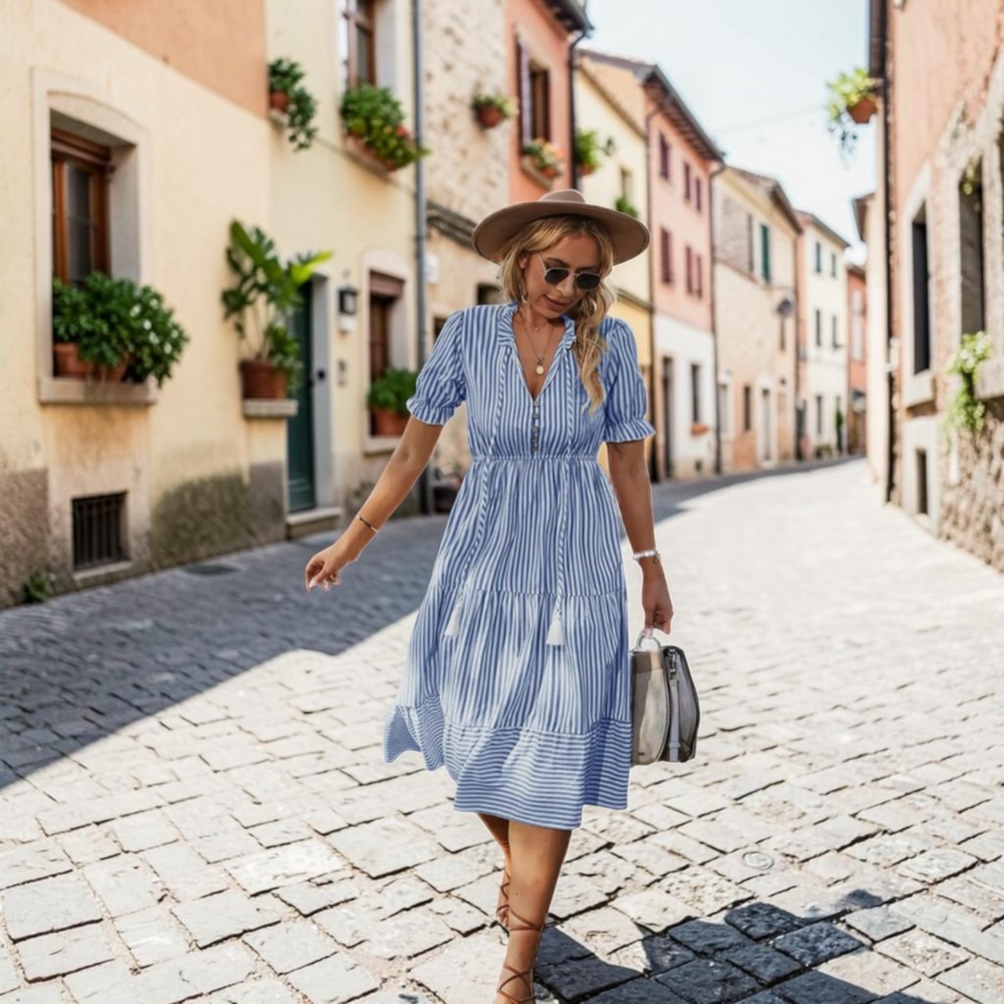 Blue Strip Ruffle Hem Dress