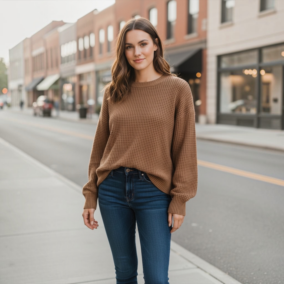 Hi-Low Round Neck Waffle Sweater in Brown