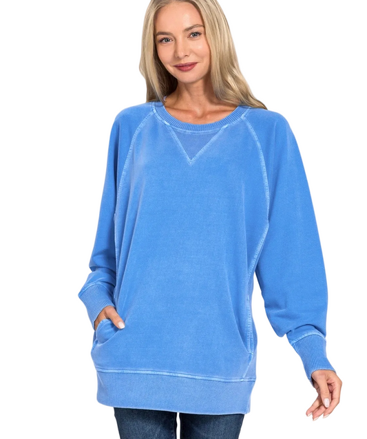 French Terry Pullover Sweatshirt With Pockets in Classic Blue by Zenana