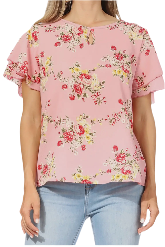 Women's Casual Floral Print Short Sleeve Blouse Top (Floral Pink)