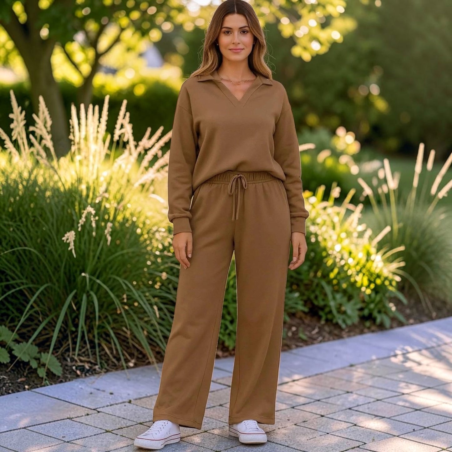 Brown V Neck High Waist Pants Set